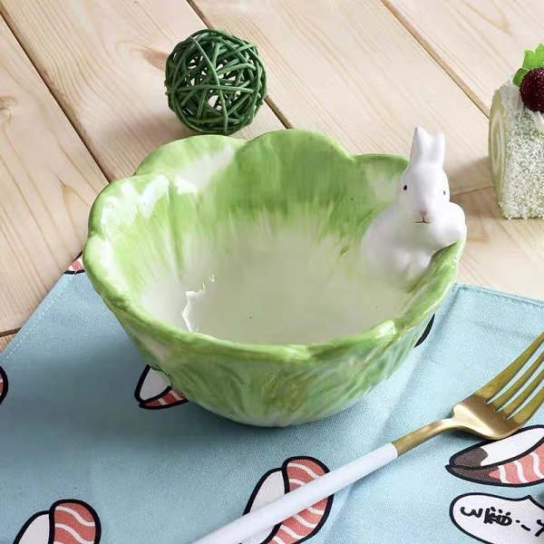 Cute Hand Painted Underglazed Bunny Cabbage Bowl