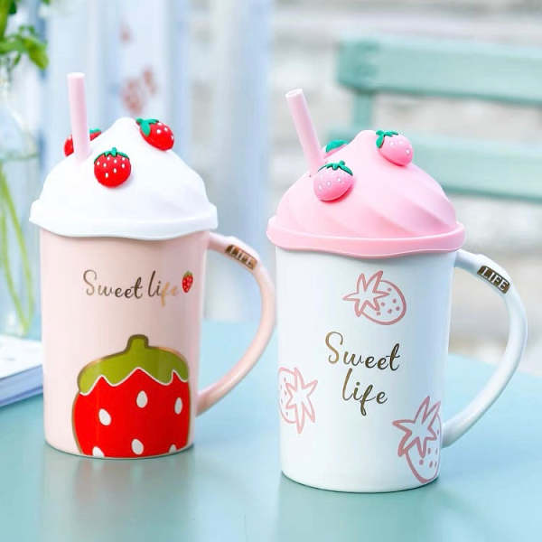 Cute Pink Strawberry Milkshake Ceramic Water Mug with Lid