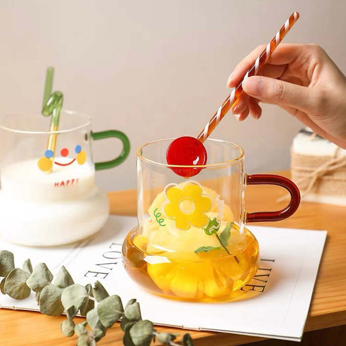 Cute Korea Style Illustration Print Pear Shape Transparent Glass Cup