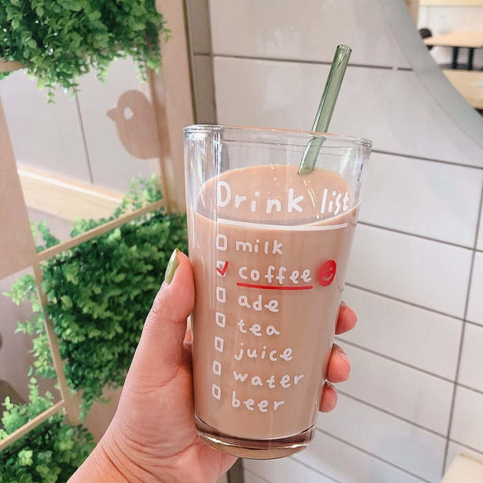 Cute Korean Style Coffee Letters Check List Transparent Glass Cup with Lid