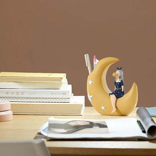 Cute Ribbon Girl on Moon Modern Home Decor Stationary & Makeup Holder