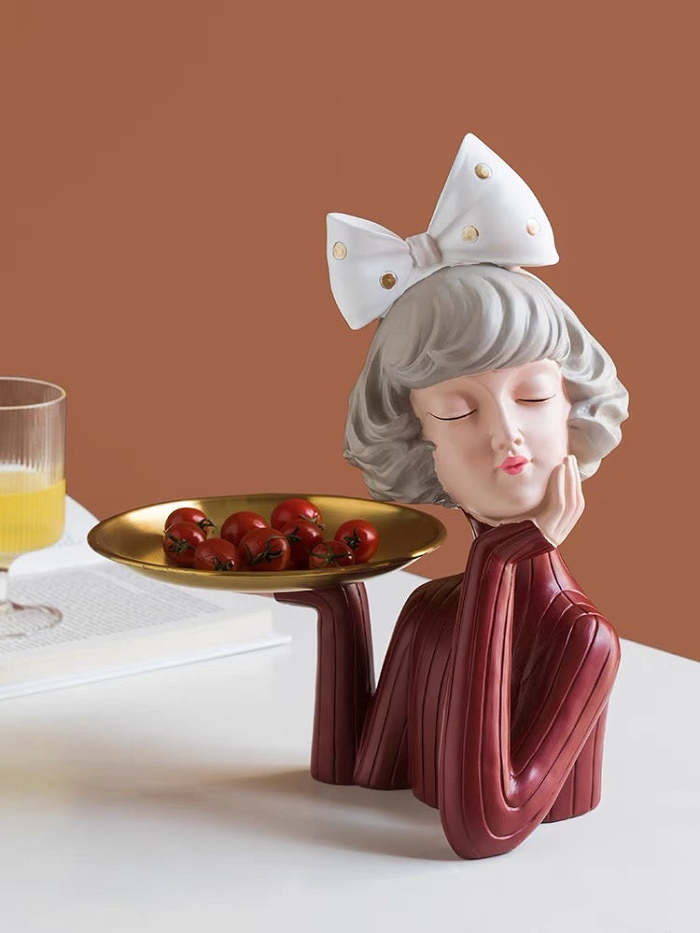 Cute Nordic Style Girl with Ribbon Home Decor Tray Figurine with Plate