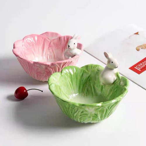 Cute Hand Painted Underglazed Bunny Cabbage Bowl
