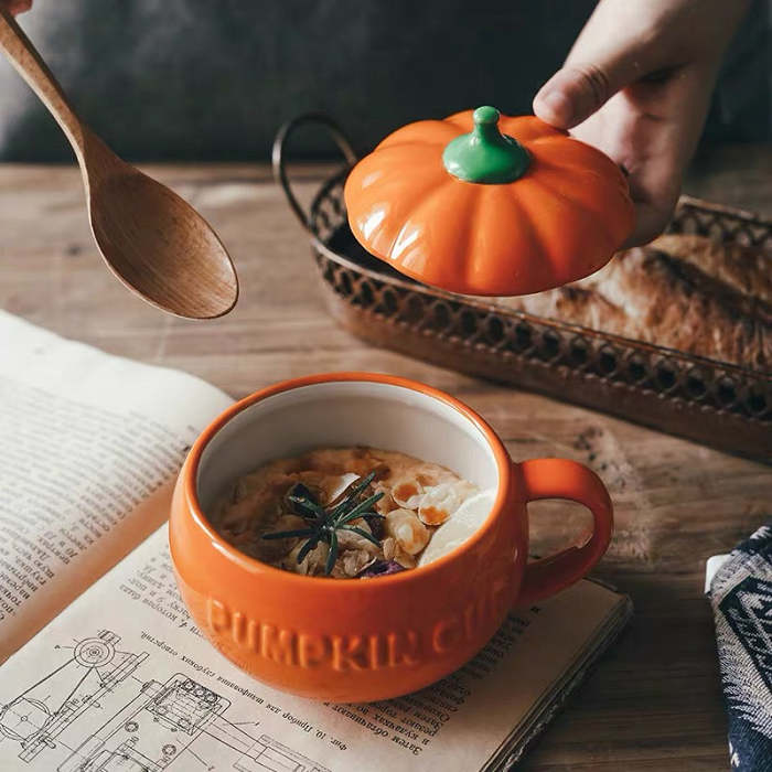Cute Ceramic Breakfast & Soup Pumpkin Cup Bowl with Lid