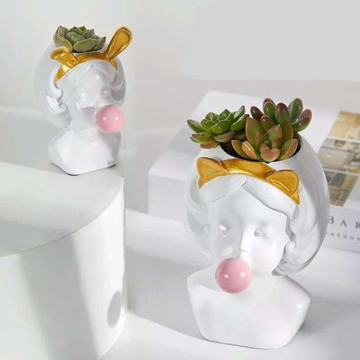 Nordic Style Cute Bubble Gum Rabbit Cat Girl Resin Vase