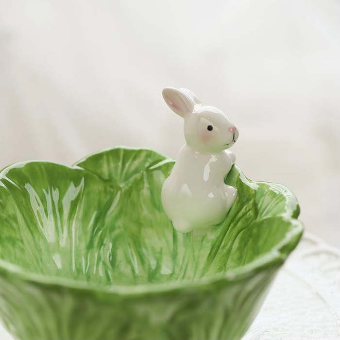 Cute Hand Painted Underglazed Bunny Cabbage Bowl