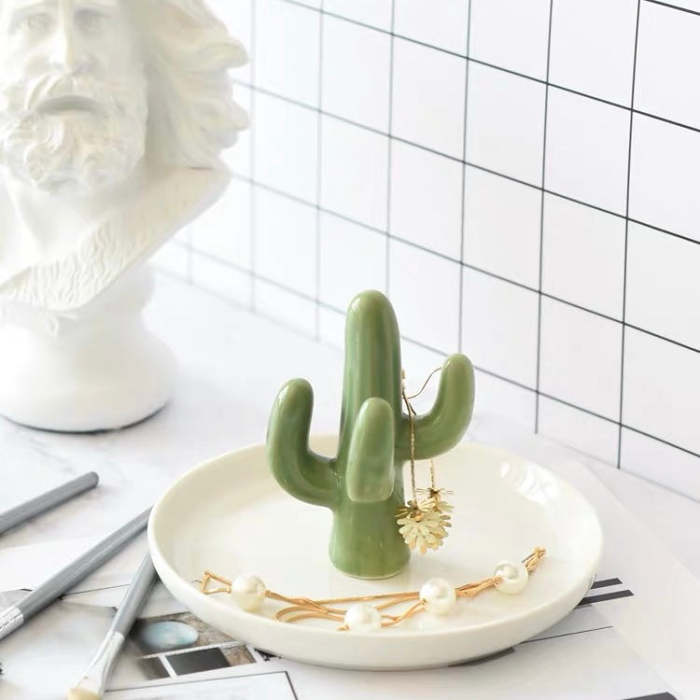 Cute Nordic Style Cactus Ceramic Jewellery Decoration Tray Plate
