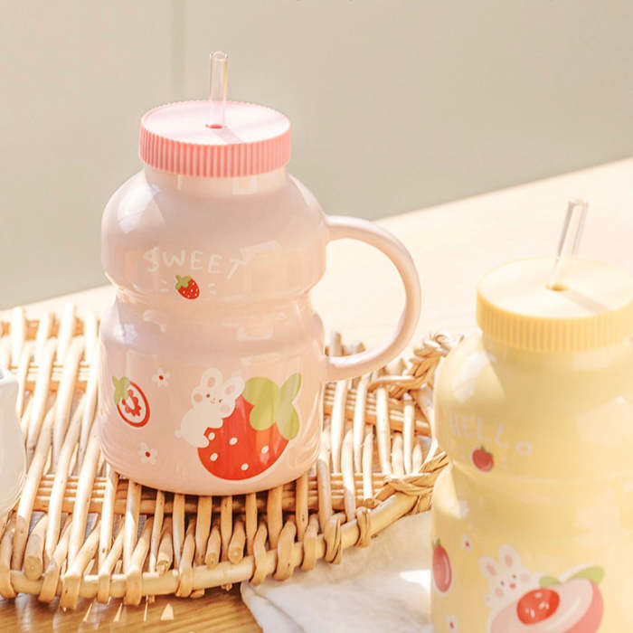 Cute Ceramic Yogurt Drink Mini Fruits Mug Cup with Straw