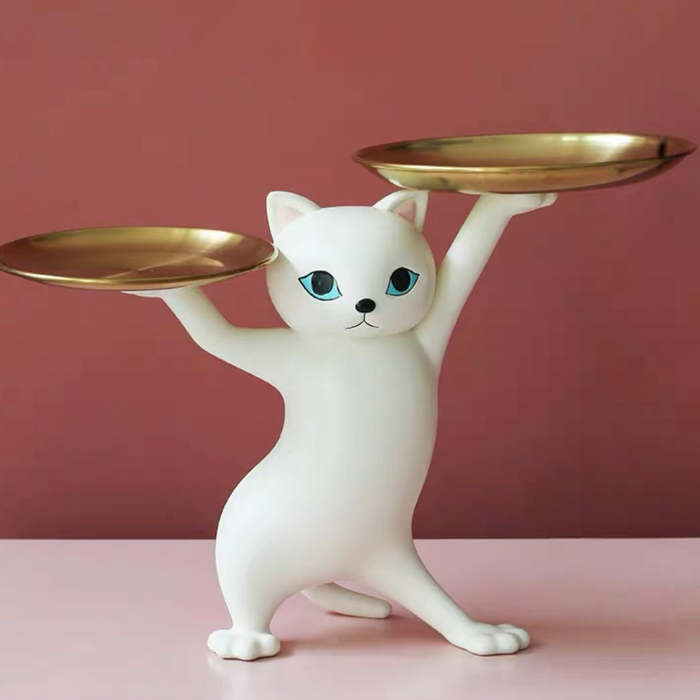Cute Posing Cat Home Living Room Decor Figurine with Plate