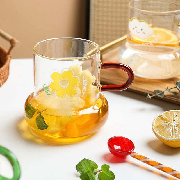 Cute Korea Style Illustration Print Pear Shape Transparent Glass Cup