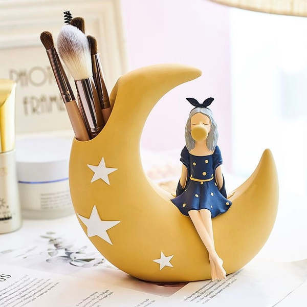 Cute Ribbon Girl on Moon Modern Home Decor Stationary & Makeup Holder