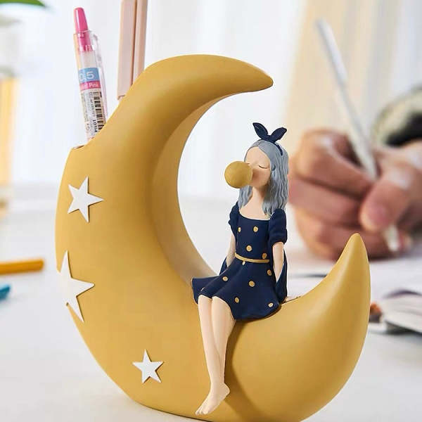 Cute Ribbon Girl on Moon Modern Home Decor Stationary & Makeup Holder