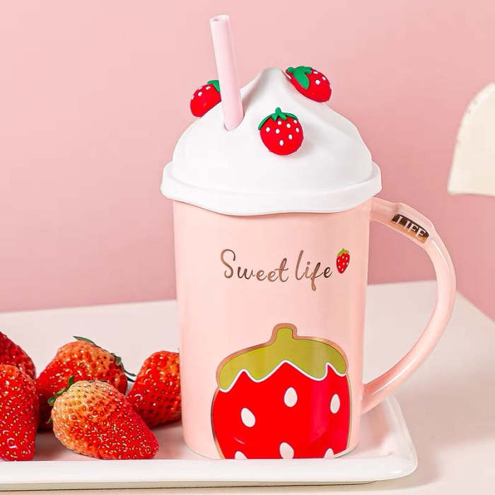 Cute Pink Strawberry Milkshake Ceramic Water Mug with Lid