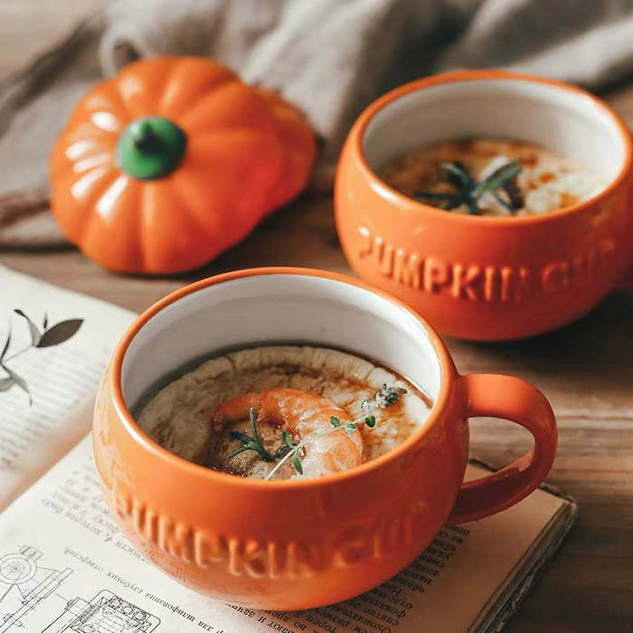 Cute Ceramic Breakfast & Soup Pumpkin Cup Bowl with Lid