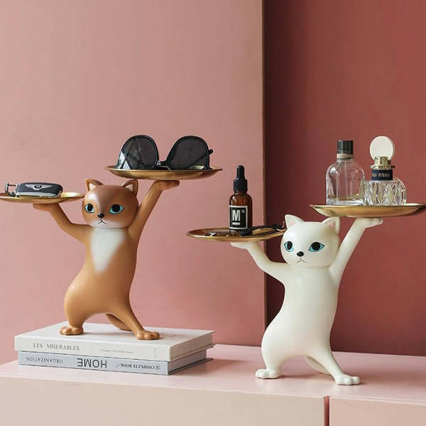 Cute Posing Cat Home Living Room Decor Figurine with Plate