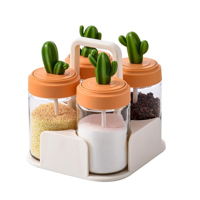 Cute Cactus Kitchen Organiser Condiments Jar with Spoon Set
