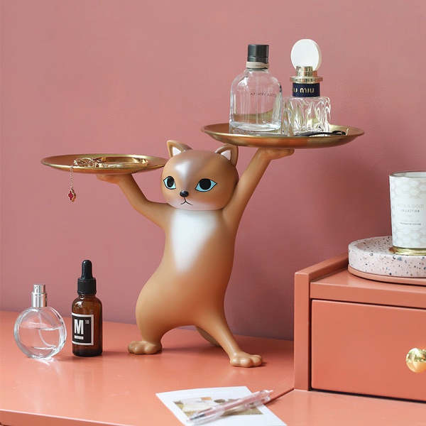 Cute Posing Cat Home Living Room Decor Figurine with Plate