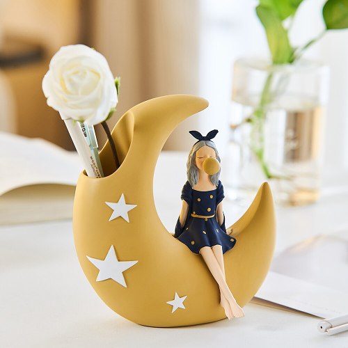 Cute Ribbon Girl on Moon Modern Home Decor Stationary & Makeup Holder