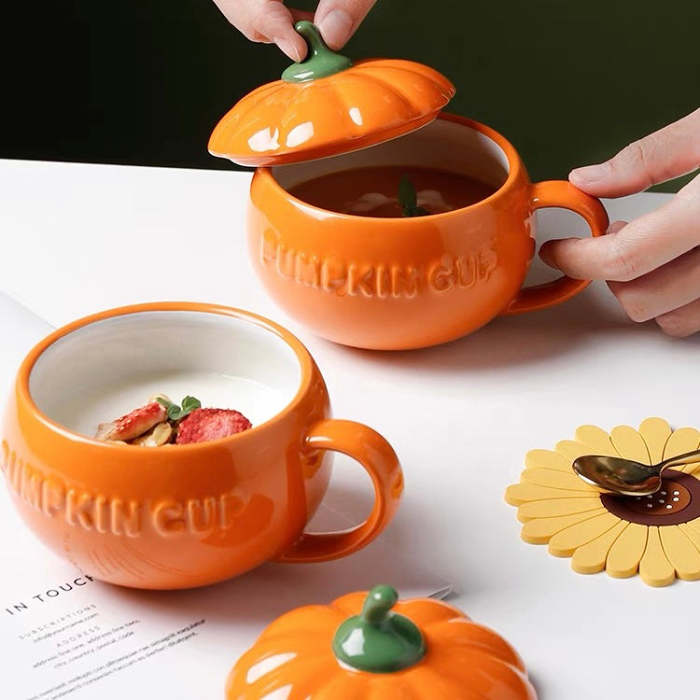 Cute Ceramic Breakfast & Soup Pumpkin Cup Bowl with Lid