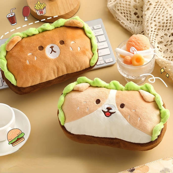 Kawaii Doll Plush Hamburger Bear & Dog Pencil Case Bag