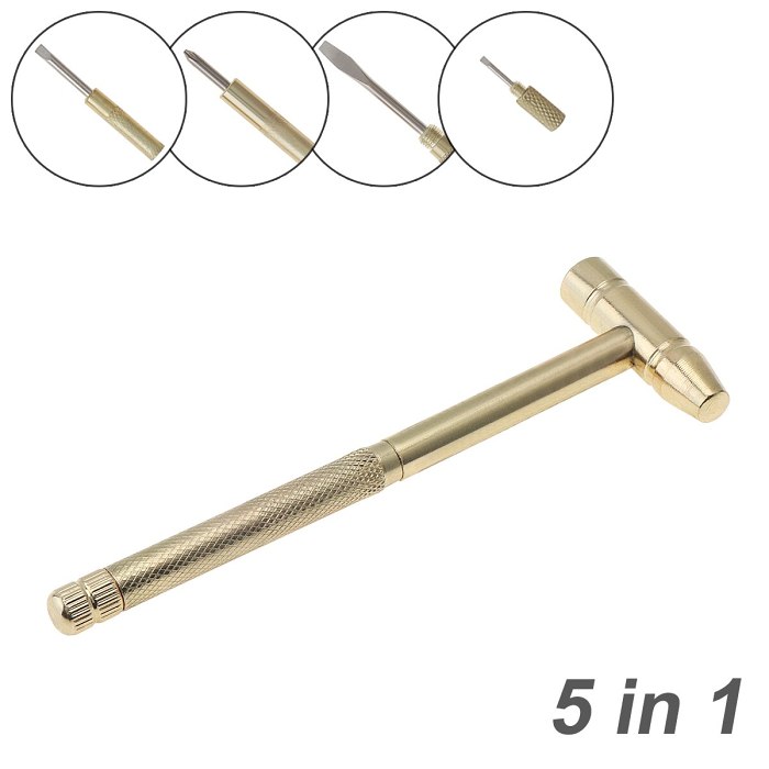 5 In 1 Micro Mini Multifunction Copper Craft Hammer Screwdriver Hand Tool Detachable Screwdriver