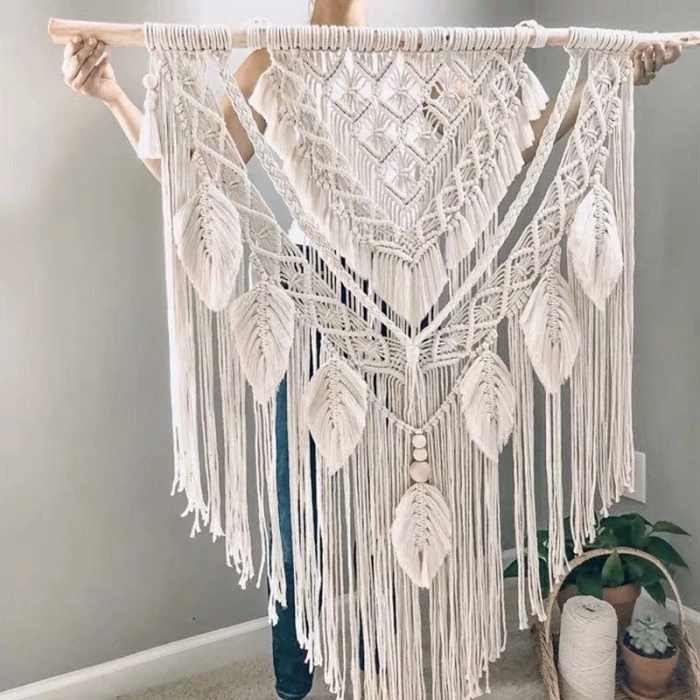 Big White Macrame Bohemian Wall Tapestry by Veasoon