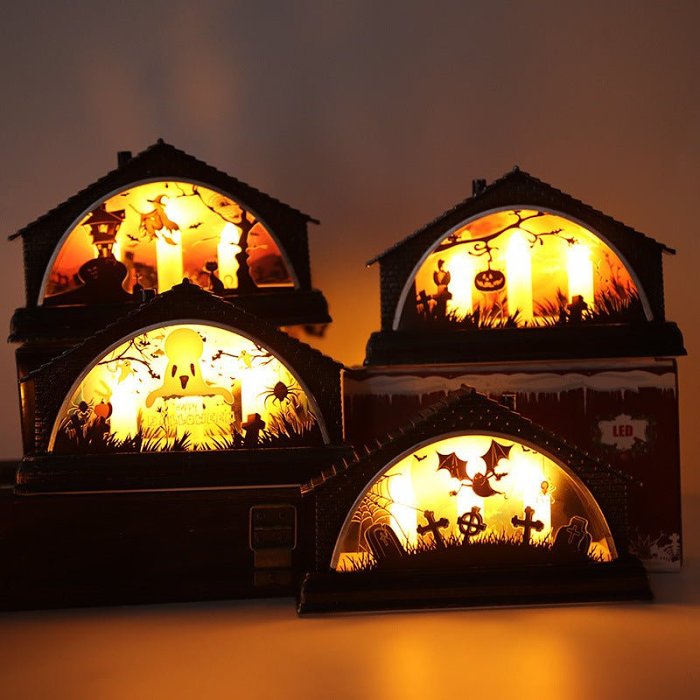 Vintage LED Halloween Glow House with Trio Candle Lights by Veasoon