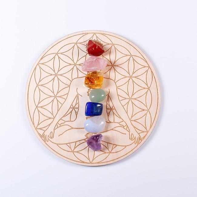 7 Chakra Healing Stones with array Wood Plate by Veasoon