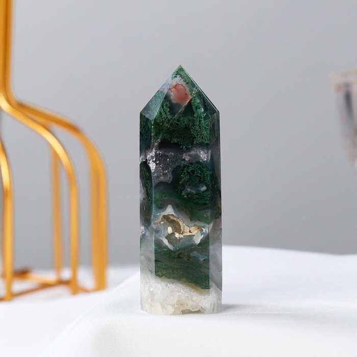 Moss Agate Point Tower Crystal by Veasoon