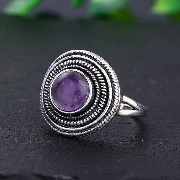 S925 Sterling Silver Natural Stone Round Ring