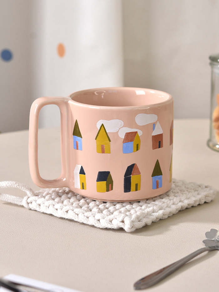 Morning Cheer Pink Cartoon Coffee & Breakfast Mug by Veasoon