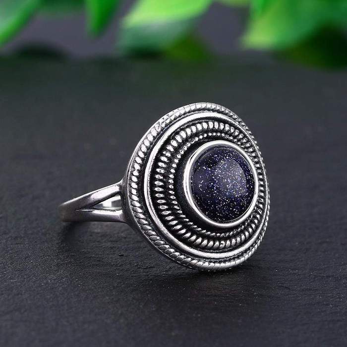 S925 Sterling Silver Natural Stone Round Ring
