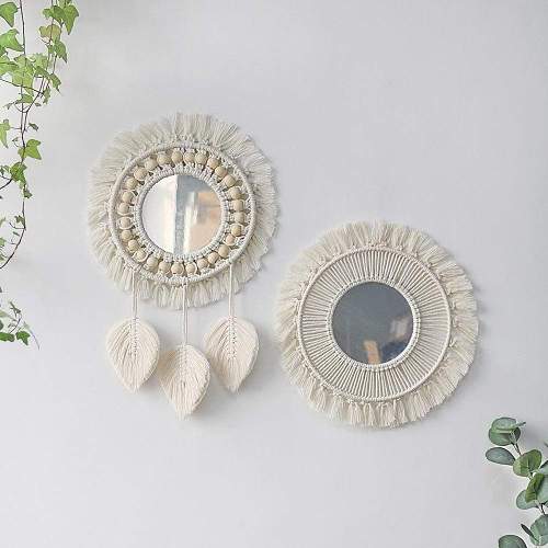 White Macrame Round Mirror by Veasoon