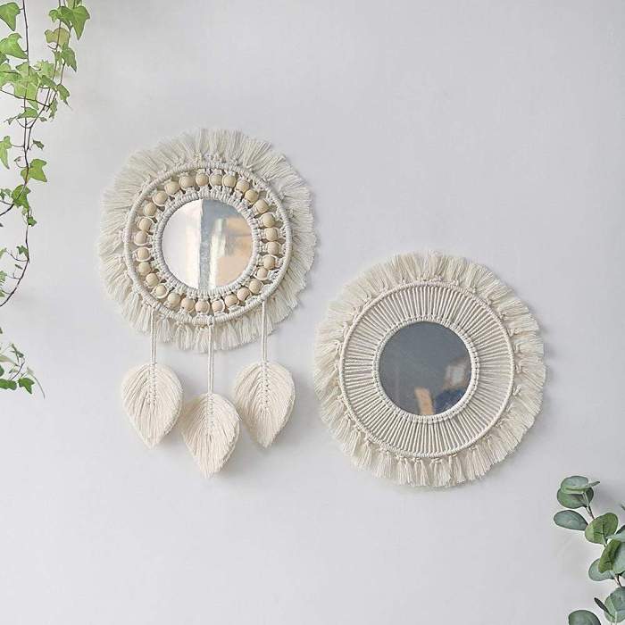 White Macrame Round Mirror by Veasoon