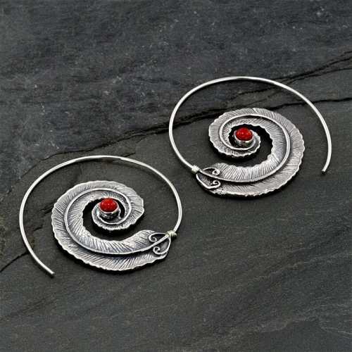 Spiral Feather Hoop Earrings - Red Coral/ Turquoise Stone