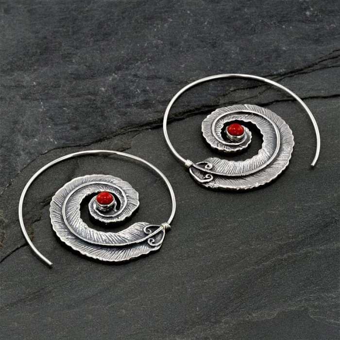 Spiral Feather Hoop Earrings - Red Coral/ Turquoise Stone