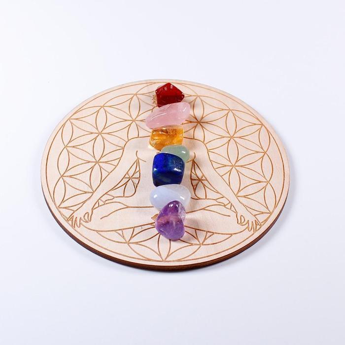 7 Chakra Healing Stones with array Wood Plate by Veasoon