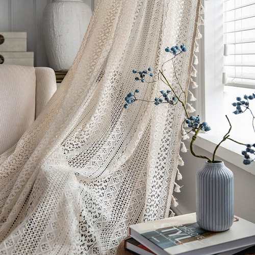 White Boho Tasseled Curtains by Veasoon