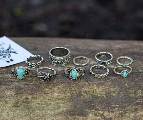 Turquoise Rose Ring Set 10 pcs