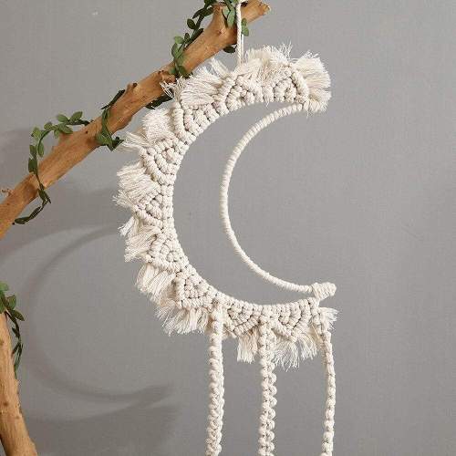 White Macrame Moon Wall Hanging Decor by Veasoon