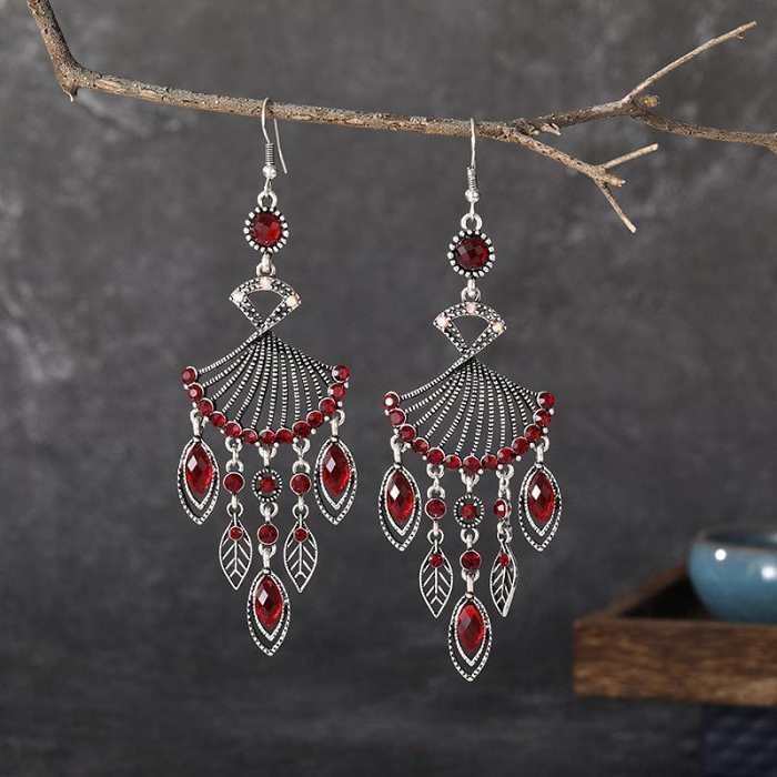 Hollow Rhinestone Drop Leaf Earrings
