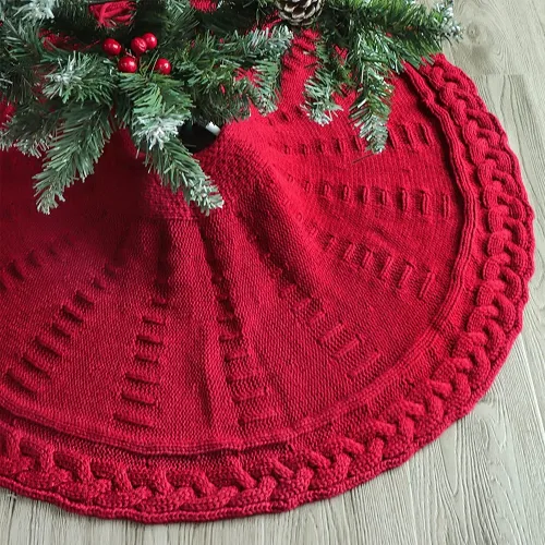 Festive Red Knitted Christmas Tree Skirt by Veasoon