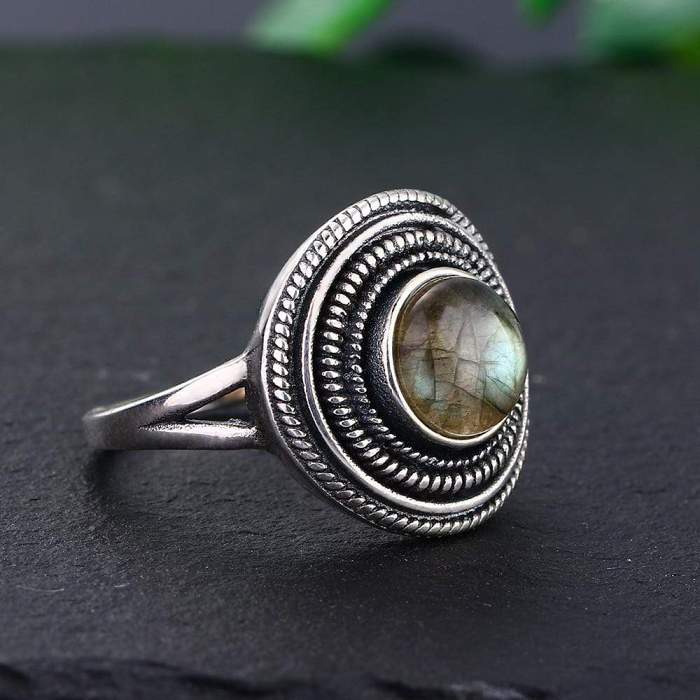 S925 Sterling Silver Natural Stone Round Ring