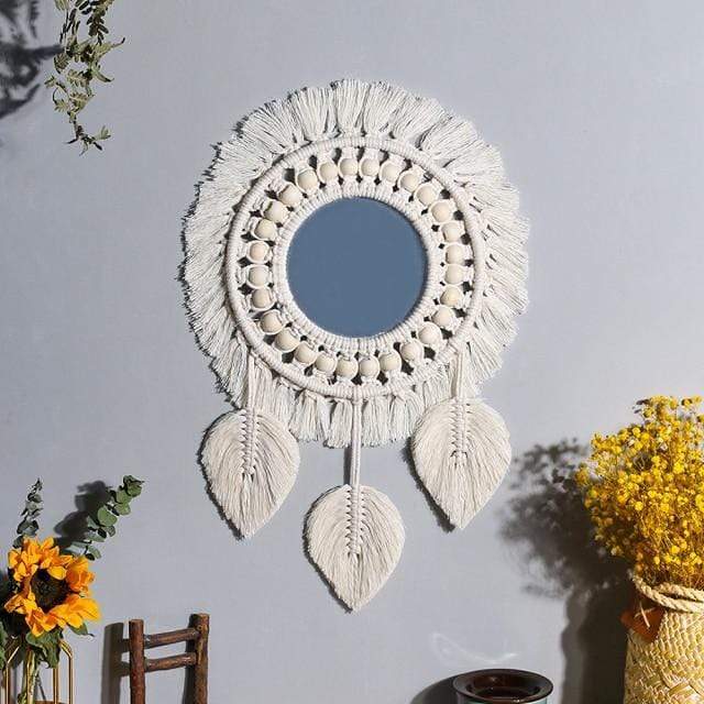 White Macrame Round Mirror by Veasoon