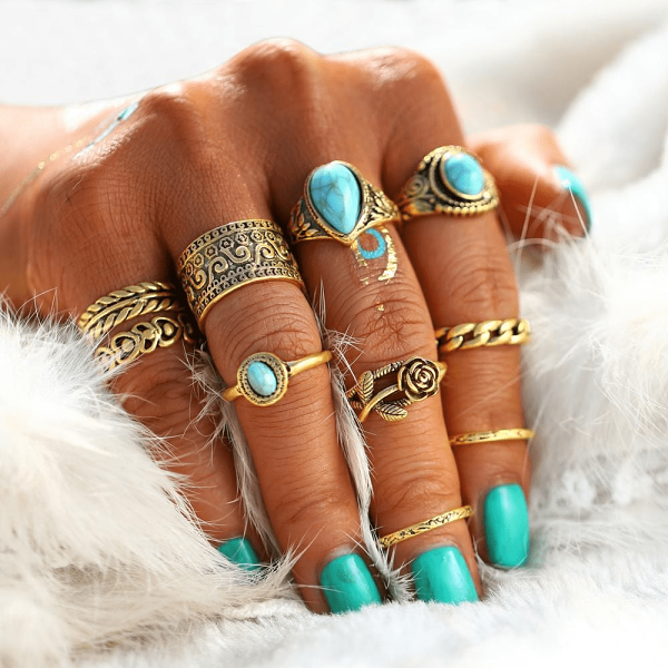 Turquoise Rose Ring Set 10 pcs