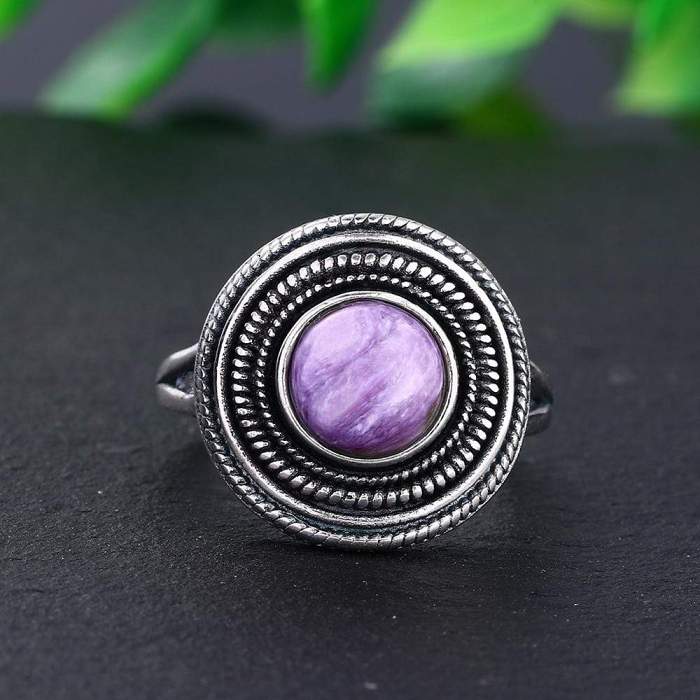 S925 Sterling Silver Natural Stone Round Ring