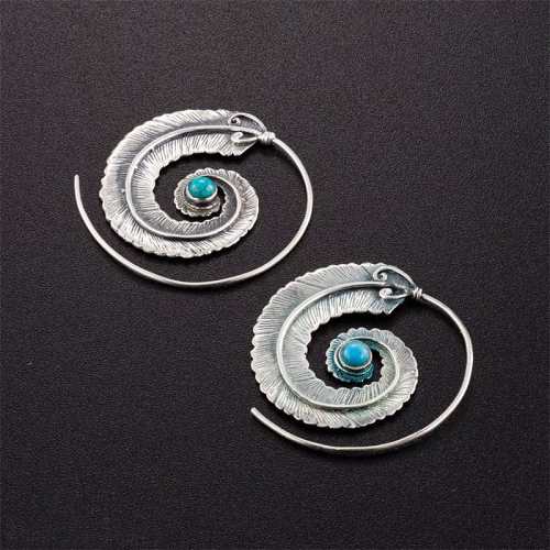 Spiral Feather Hoop Earrings - Red Coral/ Turquoise Stone