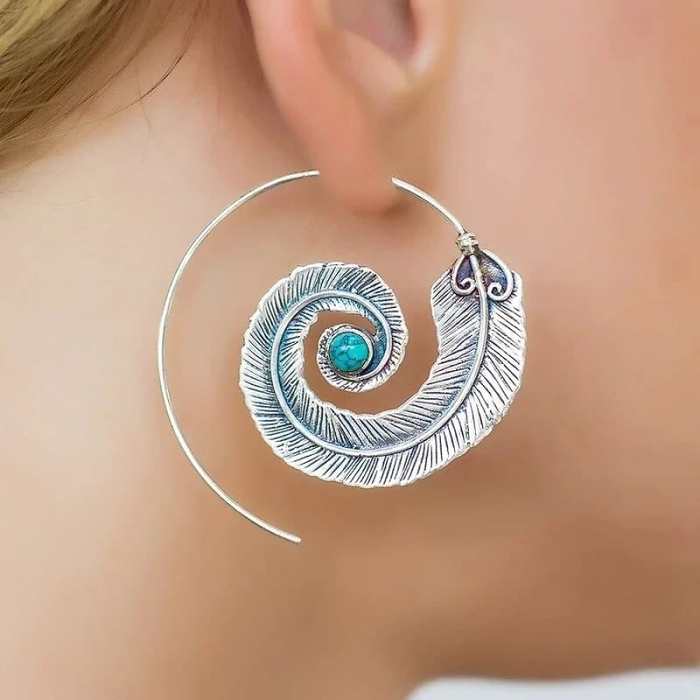 Spiral Feather Hoop Earrings - Red Coral/ Turquoise Stone