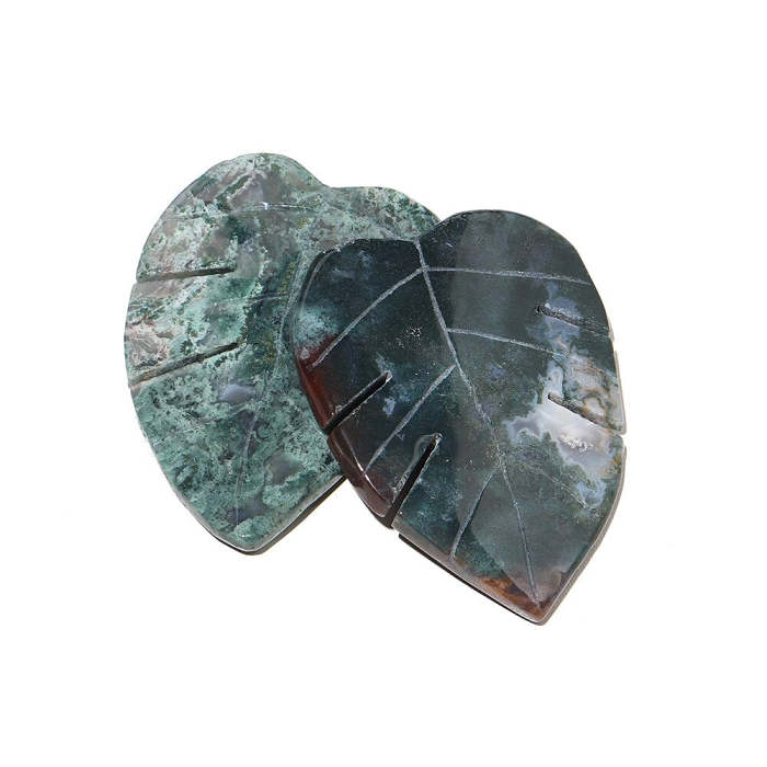 Moss Agate Leaf Shaped Crystal Carving by Veasoon