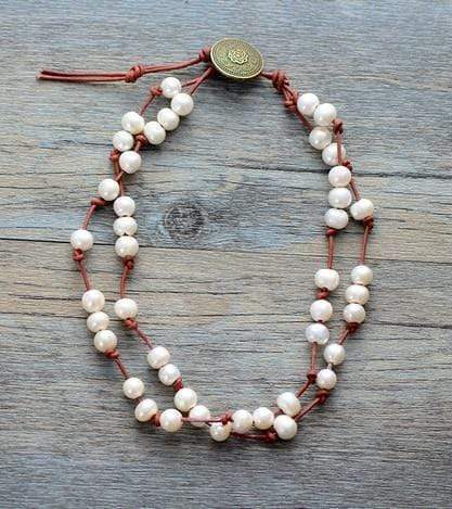 Natural Genuine Freshwater White Pearl Leather Wrap Bracelet